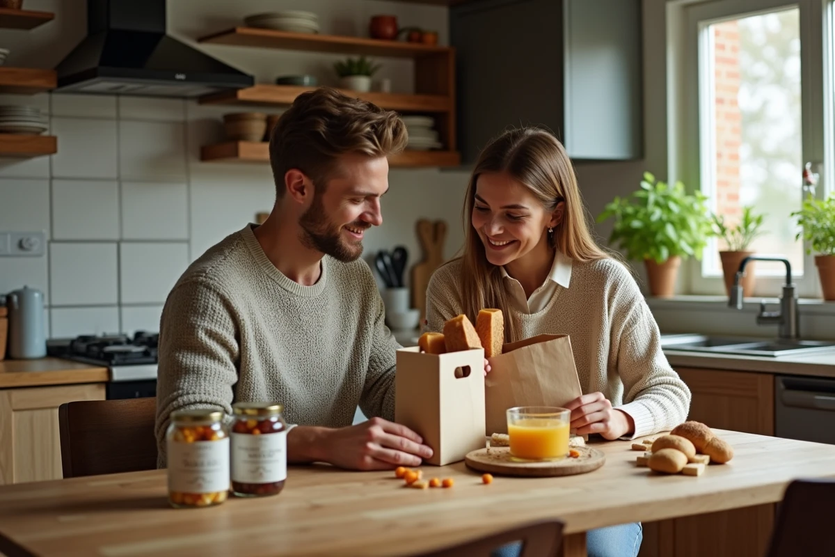 Jeune couple dégustant des produits locaux à la maison