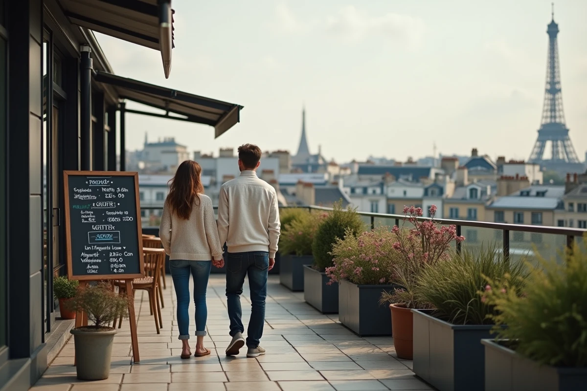 Jeune couple devant un rooftop avec vue sur Paris