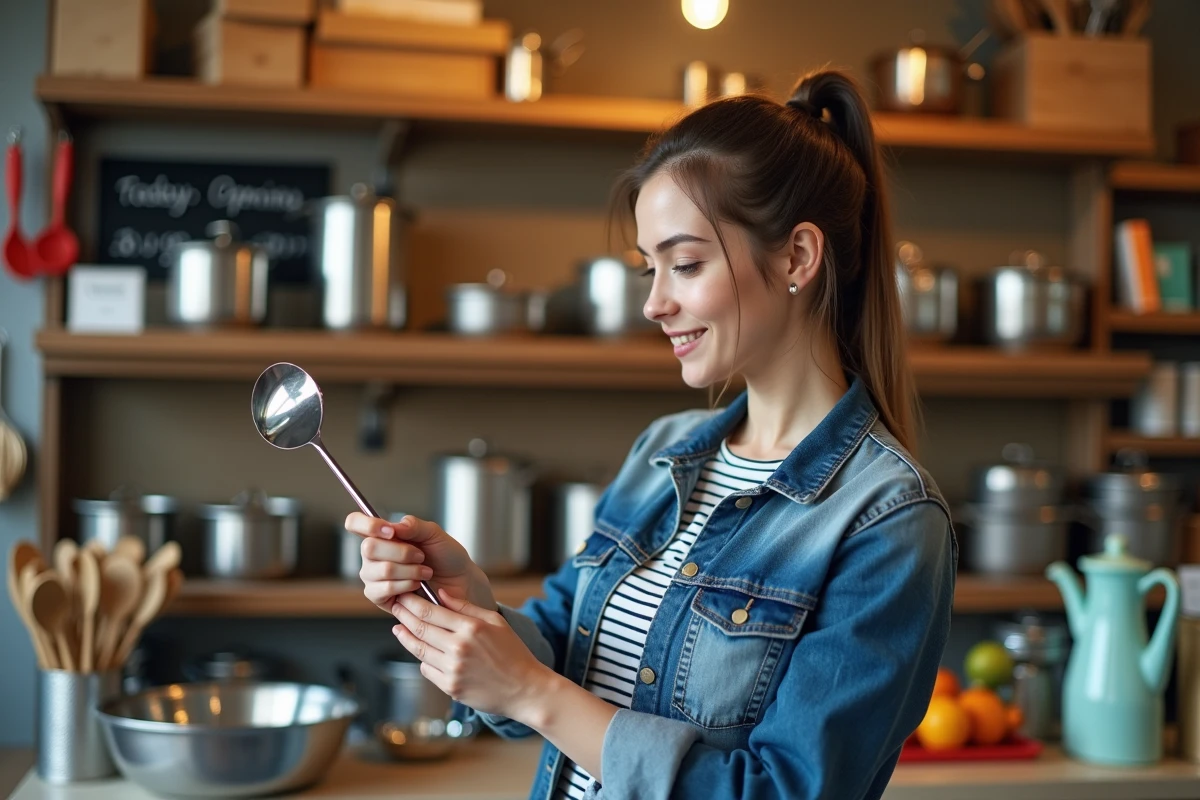 Jeune femme examine une louche en cuisine avec étagères organisées
