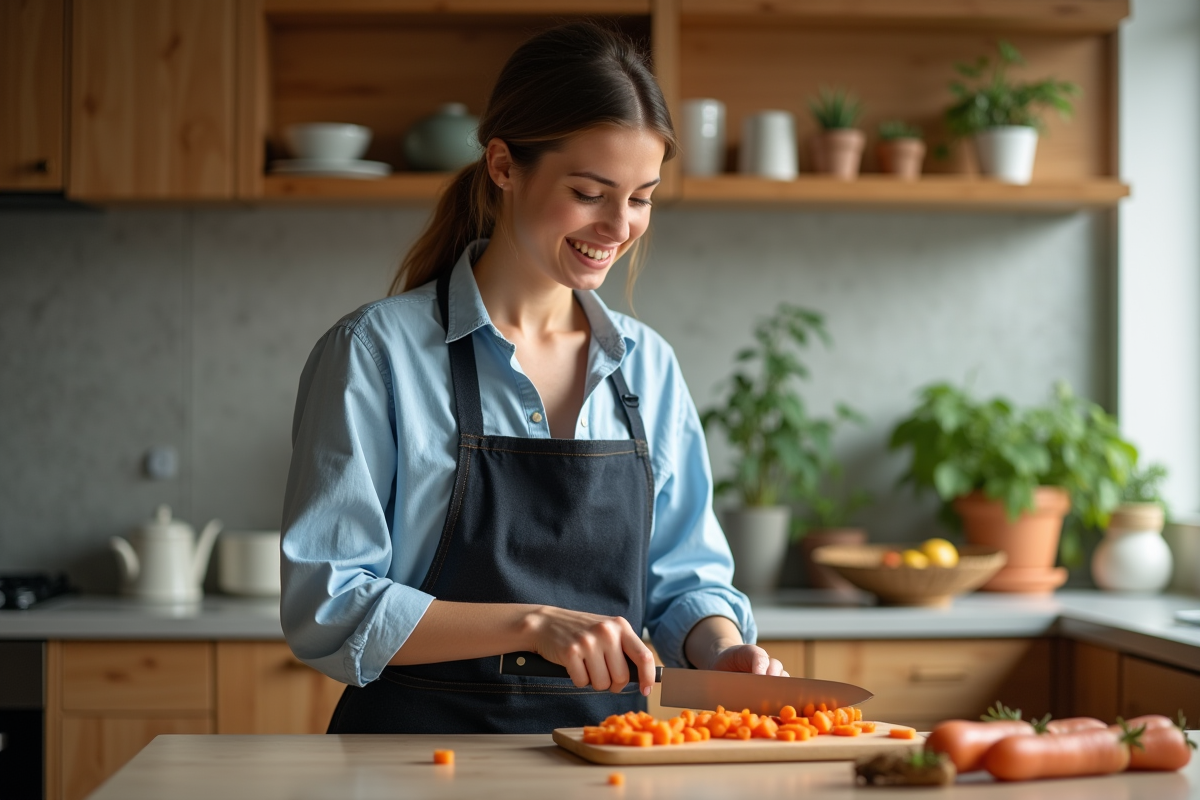 Jeune femme préparant des carottes dans une cuisine chaleureuse