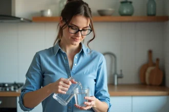 Jeune femme en cuisine mesurant de l'eau avec un verre gradué