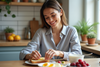 Jeune femme souriante mangeant du pain complet dans la cuisine
