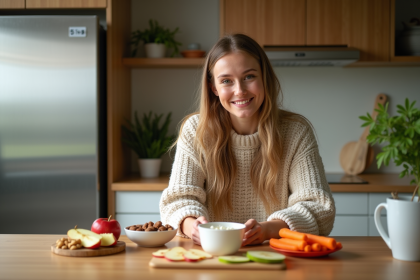 Jeune femme souriante avec snacks sains dans une cuisine lumineuse