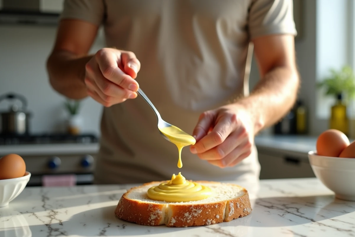 Jeune homme versant mayonnaise sur une baguette dans une cuisine moderne