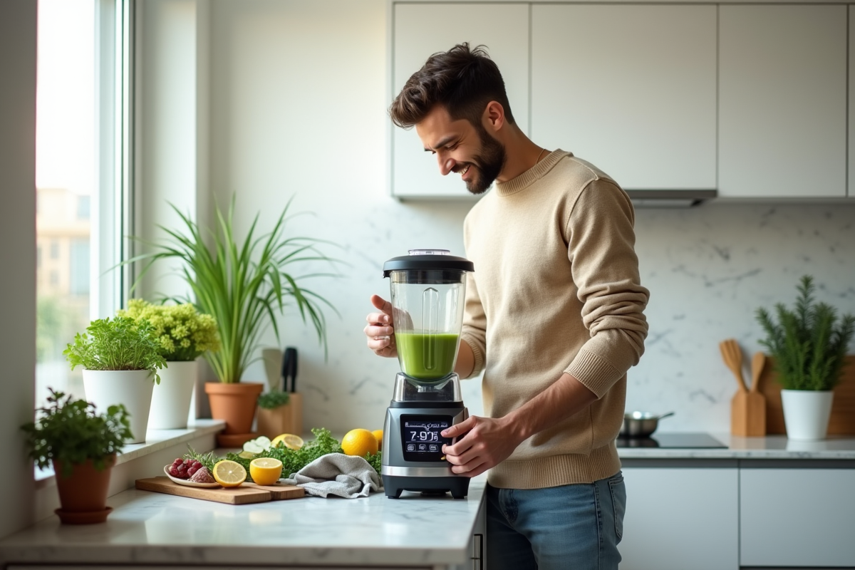 Jeune homme préparant un smoothie vert avec un blender numérique