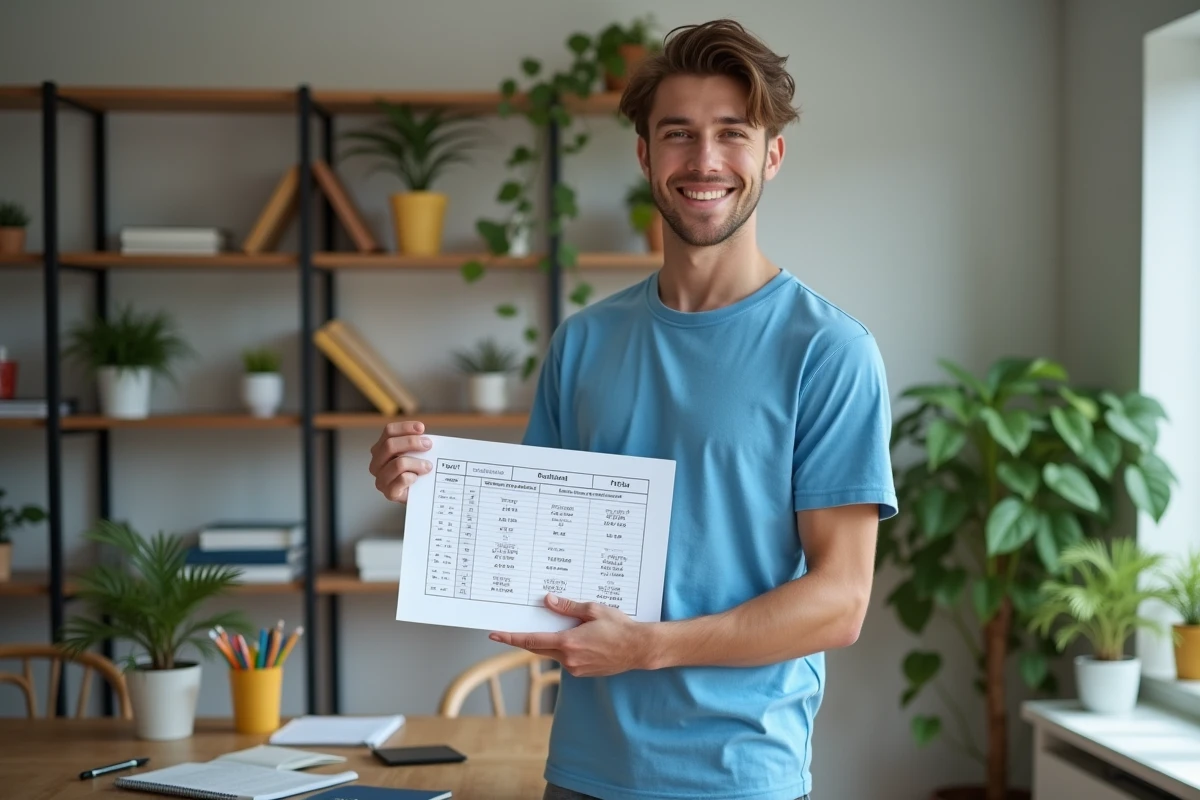 Jeune homme tenant un tableau de conversion dans un salon lumineux