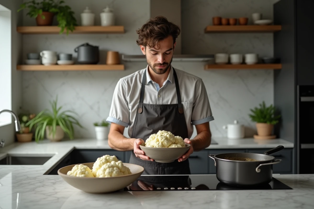 Jeune homme comparant deux bols de chou-fleur dans une cuisine moderne