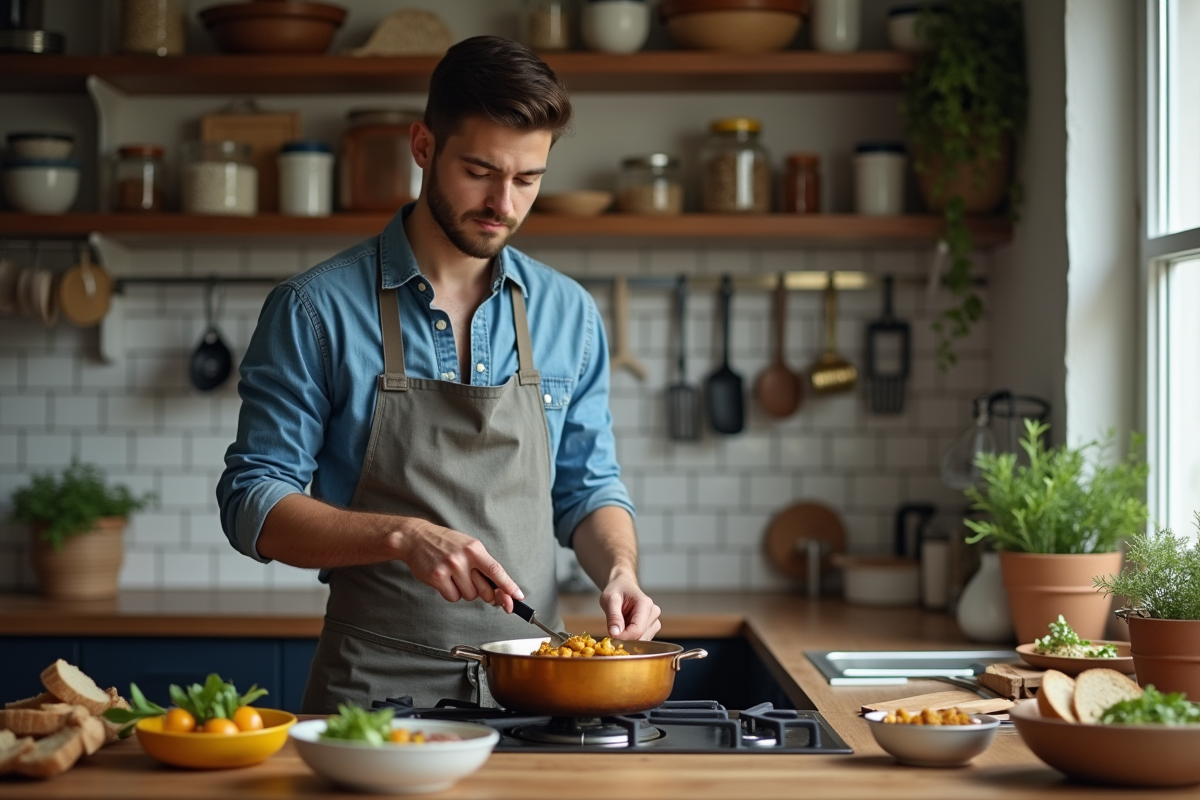 Jeune homme remuant un curry de pois chiches dans la cuisine