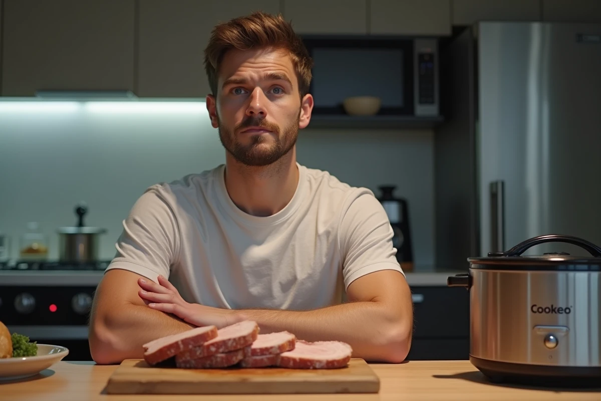 Jeune homme déçu devant un rôti de porc sec