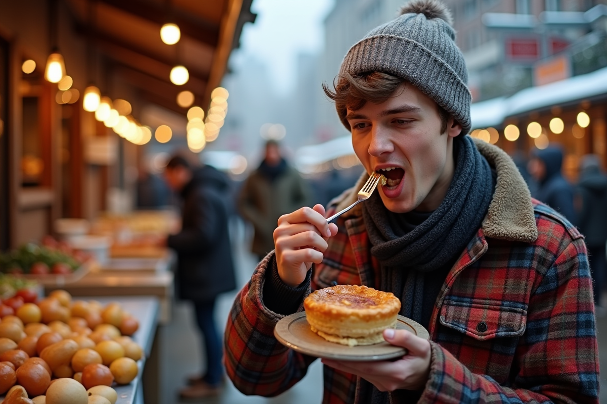 Jeune homme dégustant une tourtière dans un marché d