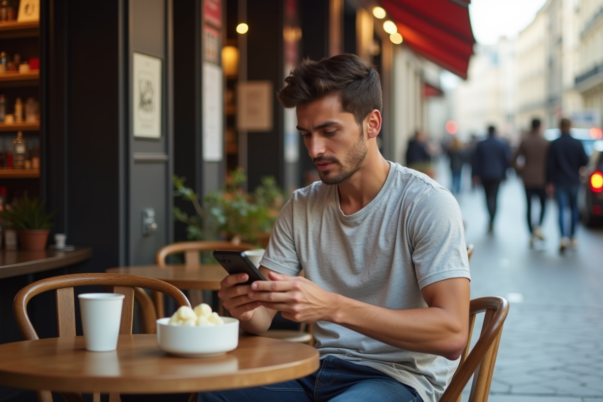 Jeune homme dégustant mozzarella dans un café parisien