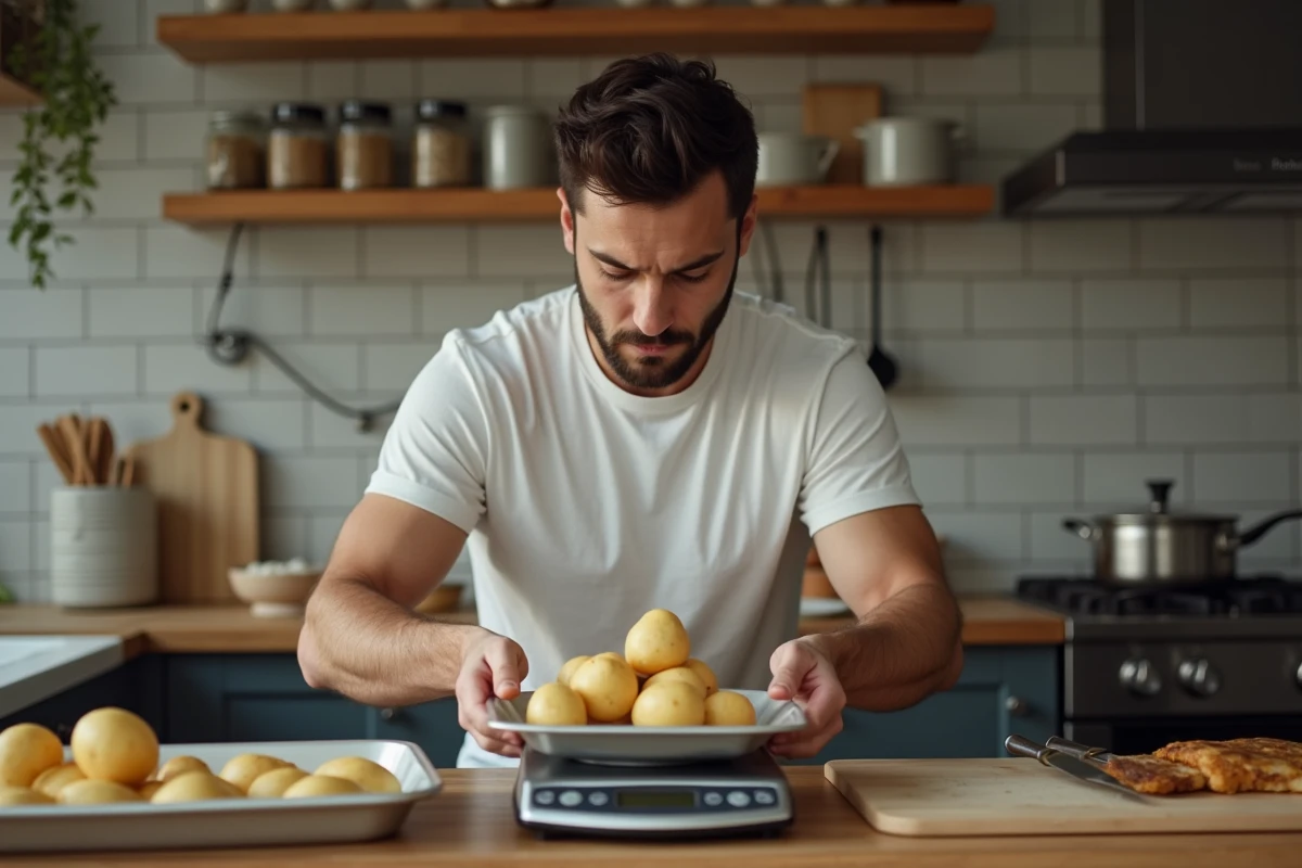 Jeune homme pesant des pommes de terre dans la cuisine