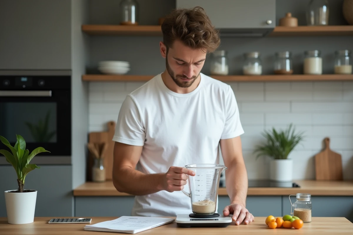 Jeune homme vérifie une recette avec balance et carnet