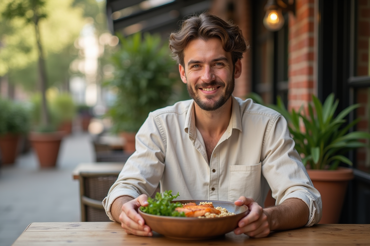 Jeune homme dégustant un bol de quinoa au café en extérieur