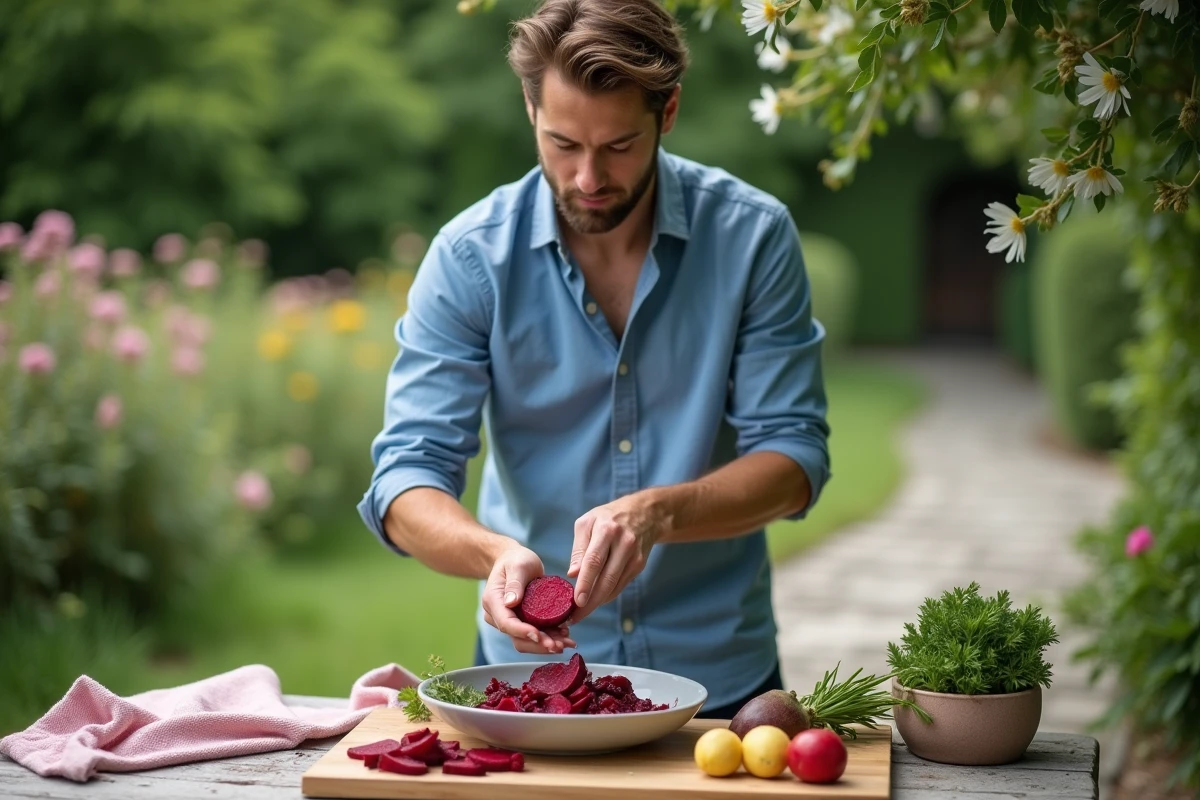 Jeune homme préparant une salade de bettraves en extérieur