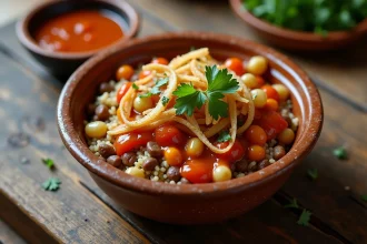 Bol de koshari égyptien végétarien avec lentilles, riz et oignons frits croustillants