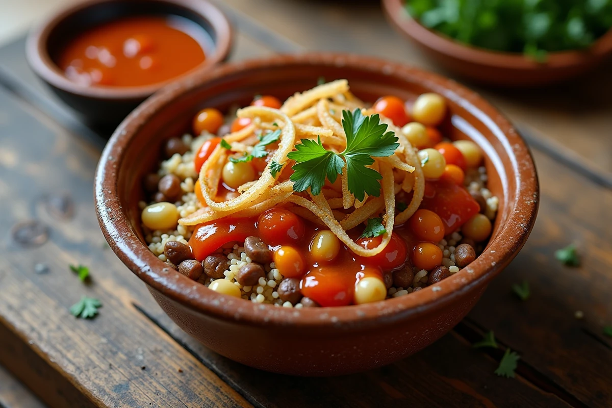 Bol de koshari égyptien végétarien avec lentilles, riz et oignons frits croustillants