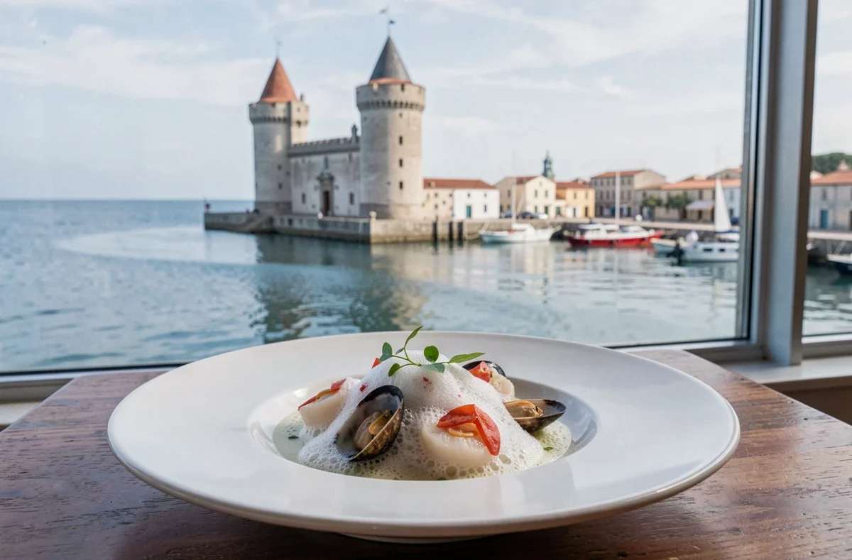 Assiette de fruits de mer gastronomiques à La Coutanceau à La Rochelle avec le vieux port en arrière-plan