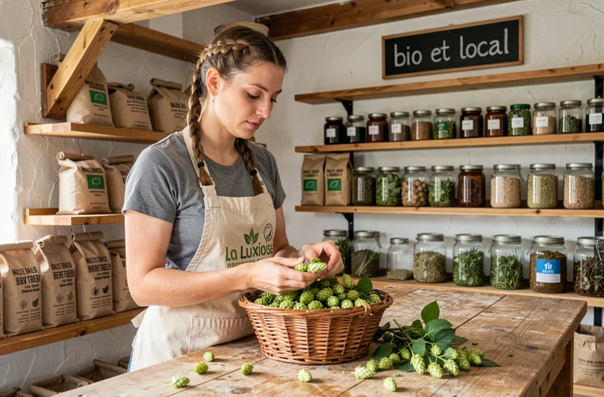 Brasseuse inspectant des fleurs de houblon bio dans la brasserie artisanale La Luxoise à Gemeaux, avec des ingrédients biologiques locaux sur une table en bois