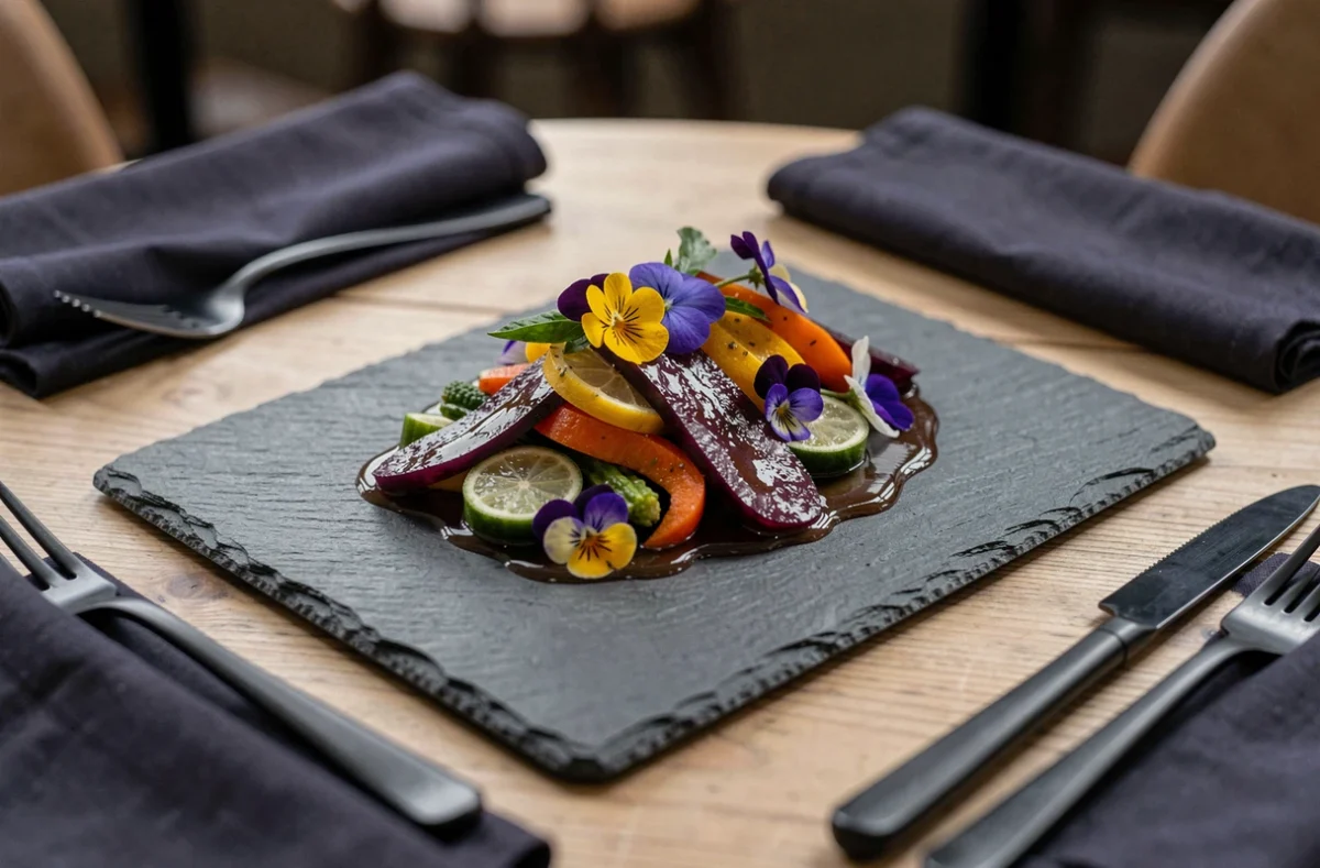 Assiette gastronomique d'inspiration basque dressée sur ardoise noire à La Palantxa à Mouguerre