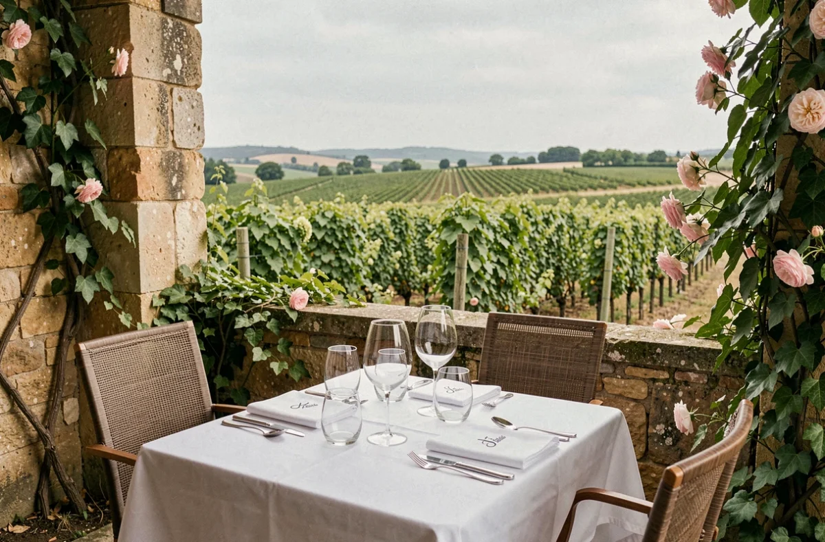 Terrasse gastronomique de La Table de Pavie à Saint-Émilion avec vue sur les vignes et murs en calcaire