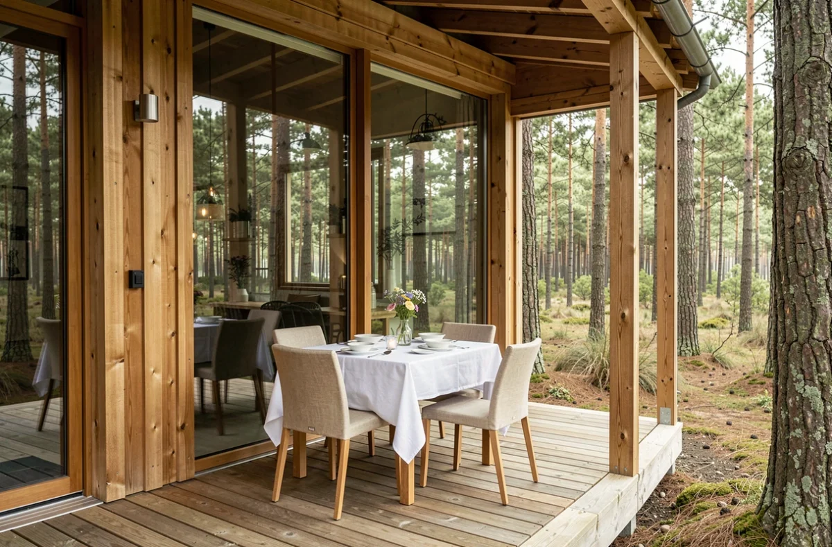 Restaurant La Table des Pins à Mézos avec terrasse en bois entourée de la forêt de pins des Landes