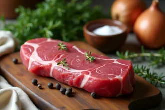 Langue de bœuf crue entière sur une planche à découper en bois avec des herbes aromatiques et des épices pour la préparation en cocotte minute