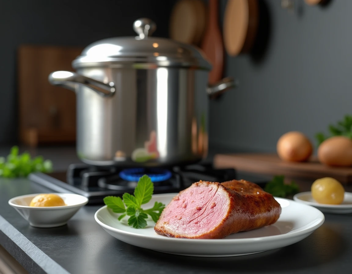 Langue de bœuf cuite en cocotte minute tranchée sur un plat avec sauce gribiche et cornichons à côté de la cocotte sur le fourneau