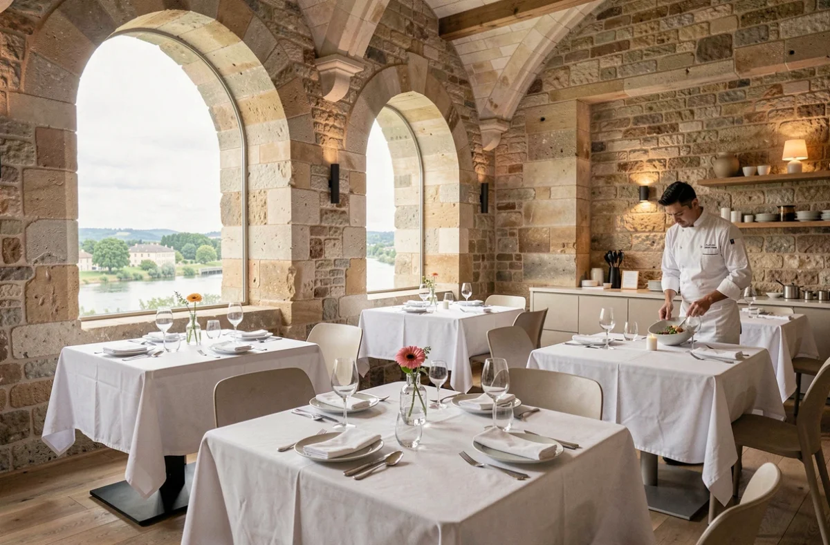 Salle du restaurant Le Prince Noir de Vivien Durand à Lormont avec vue sur la Garonne et murs en pierre