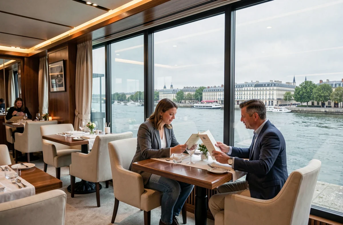 Salle contemporaine du Skiff Club à Bordeaux avec vue sur la Garonne et décor d'inspiration nautique