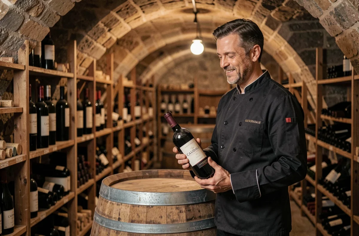 Sommelier présentant un grand vin dans la cave voûtée des Sources de Caudalie à Martillac
