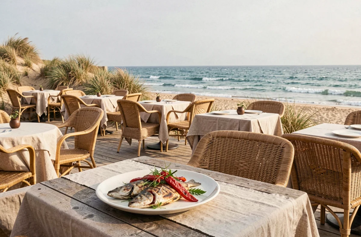 Terrasse en bois de L'Esquirou à Capbreton avec plat de poisson basque et vue sur l'Atlantique