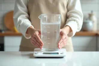 Pichet gradué d'un litre d'eau posé sur une balance de cuisine affichant environ 1000g, tenu par une femme en tablier beige sur un plan de travail blanc