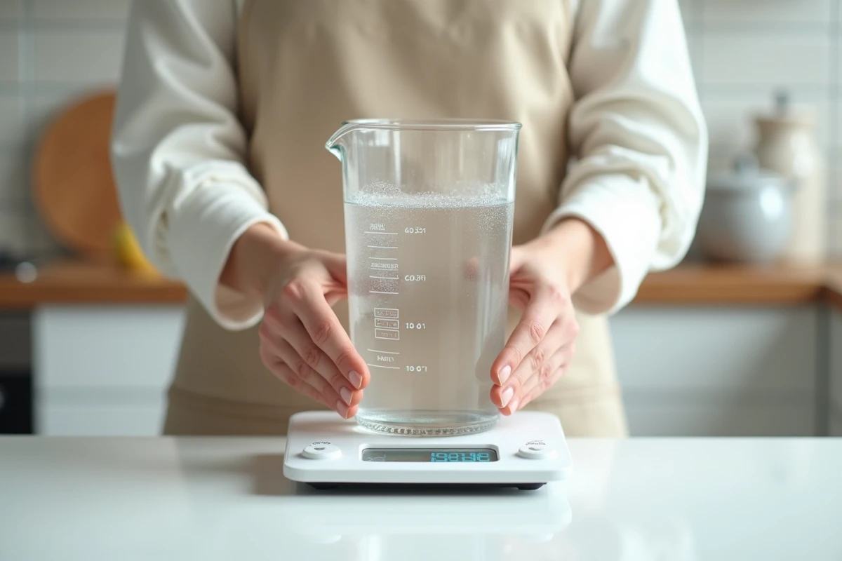 Pichet gradué d'un litre d'eau posé sur une balance de cuisine affichant environ 1000g, tenu par une femme en tablier beige sur un plan de travail blanc