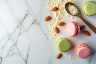 Macarons traditionnels français disposés sur du marbre avec poudre d'amande et amandes entières