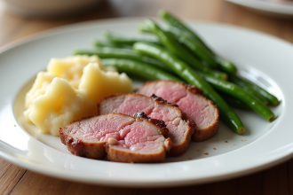 Magret de canard tranché avec gratin de pommes et haricots verts