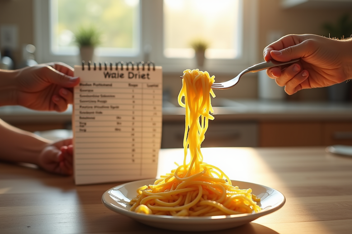Mains tenant une étiquette nutrition et des pâtes cuites
