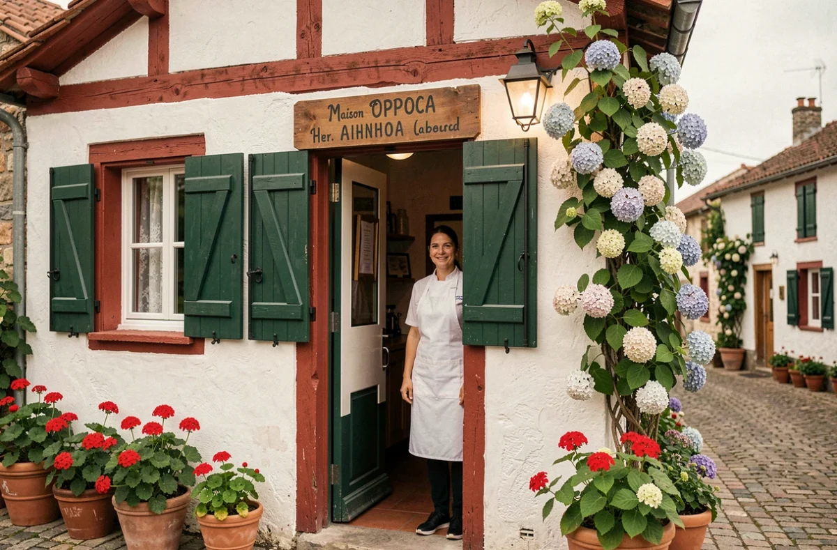 Façade de la Maison Oppoca à Ainhoa avec architecture basque typique et chef en tablier blanc à l'entrée