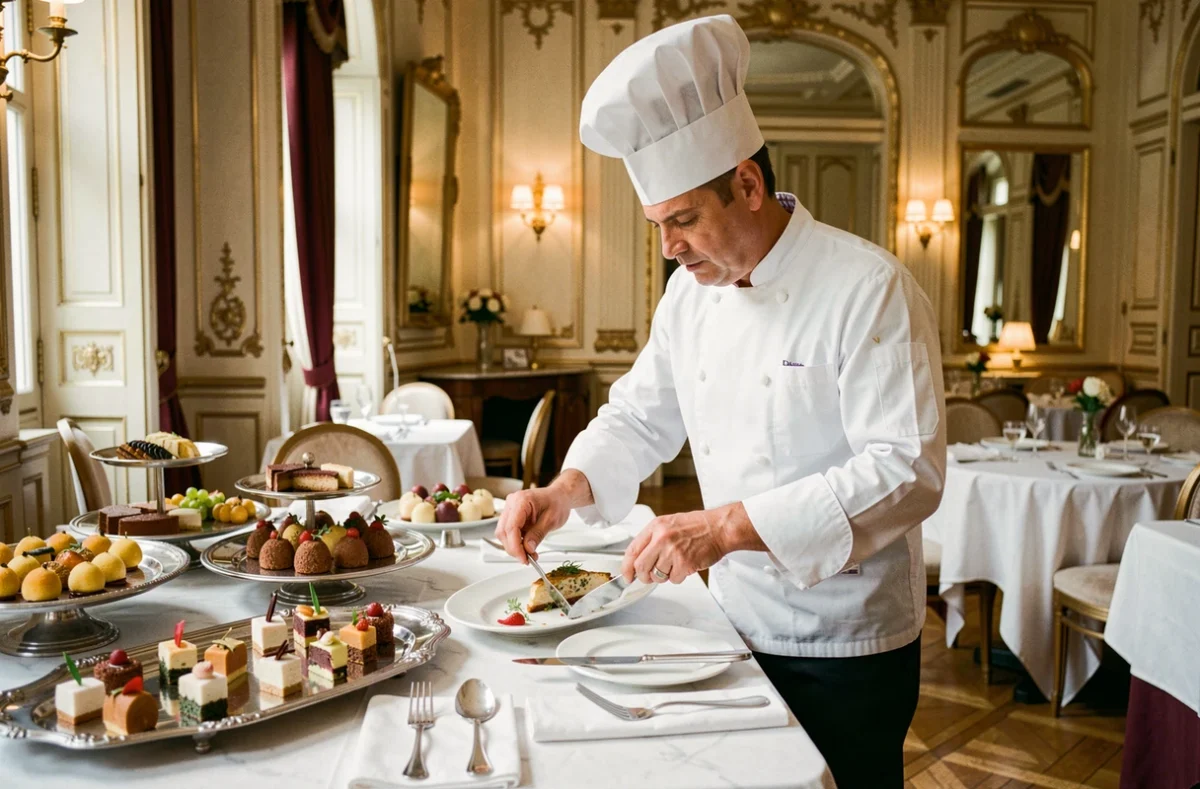 Chef traiteur gastronomique de la Maison Pignol à Lyon présentant un buffet lyonnais raffiné dans une salle ornementée