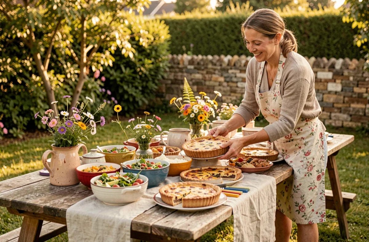 Buffet familial coloré de Mamie Kocotte dans un jardin ensoleillé de Tassin-la-Demi-Lune avec plats faits maison