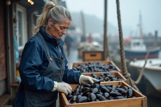 Marchande de moules de bouchot arrangeant des coquillages frais sur un étal de marché côtier normand
