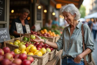 Femme sélectionnant des pommes fraîches au marché