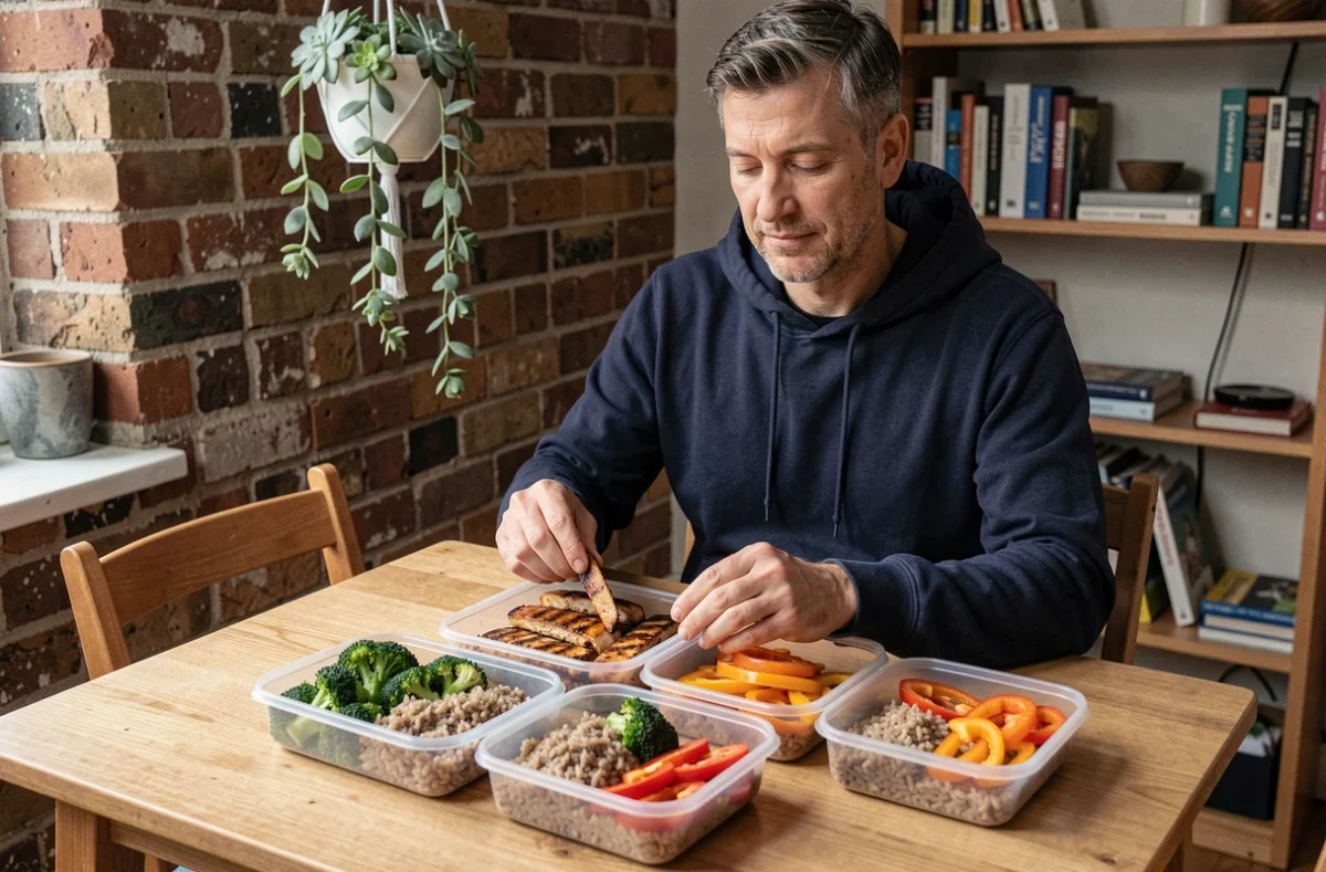 Homme ouvrant des boîtes de meal prep équilibré dans un appartement urbain pour manger sainement sans cuisiner