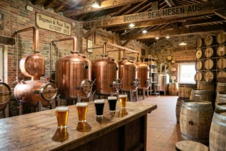 Vue panoramique d'une brasserie artisanale bourguignonne avec cuves de fermentation en cuivre, tonneaux en chêne et verres de bières artisanales sur un comptoir en bois