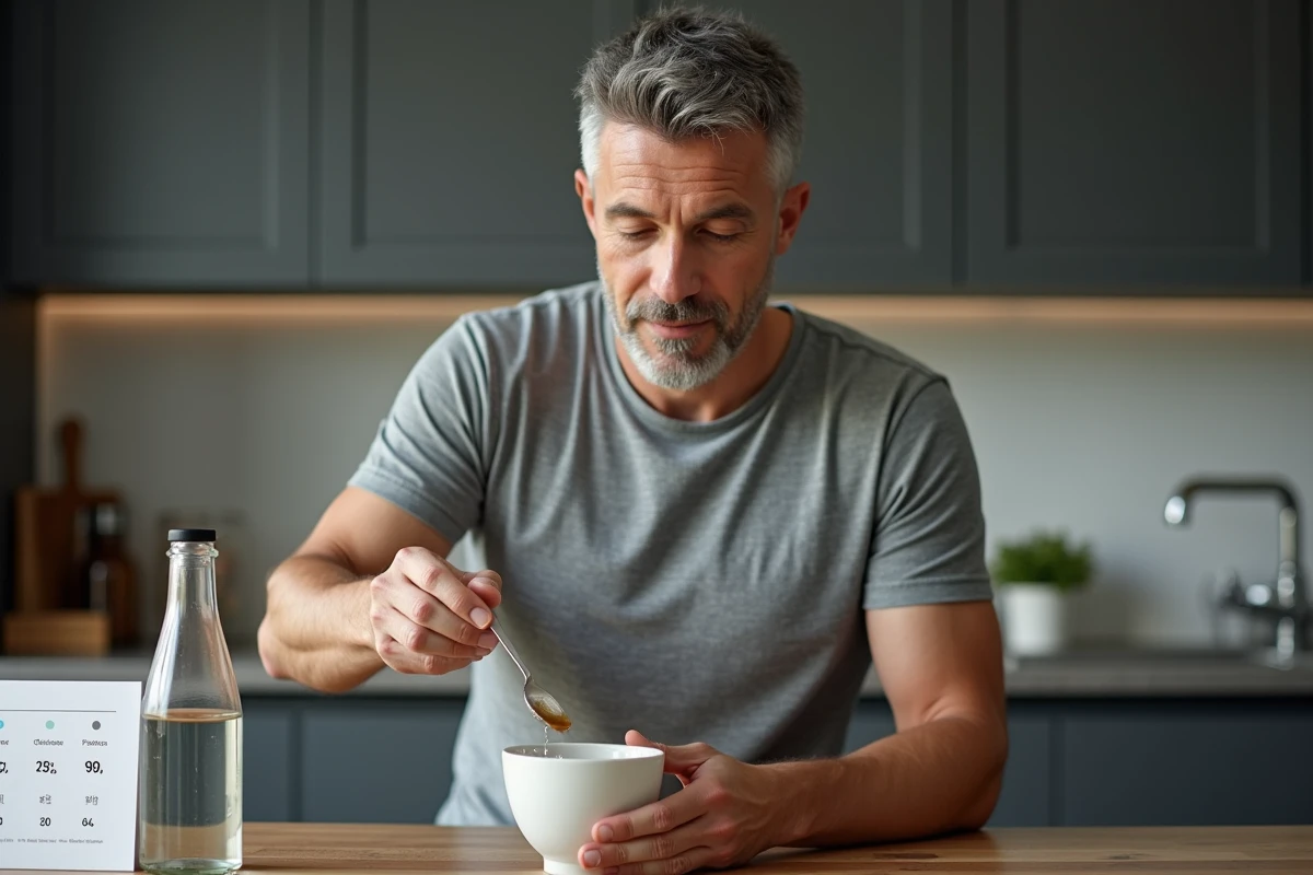 Homme mesurant des centilitres en millilitres avec une cuillère et un tableau de conversion cl ml dans une cuisine moderne