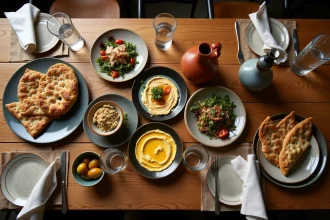 Table garnie de mezze libanais traditionnels au restaurant Le Cèdre rue Mouffetard à Paris, avec houmous, taboulé et pain pita sur des assiettes en céramique