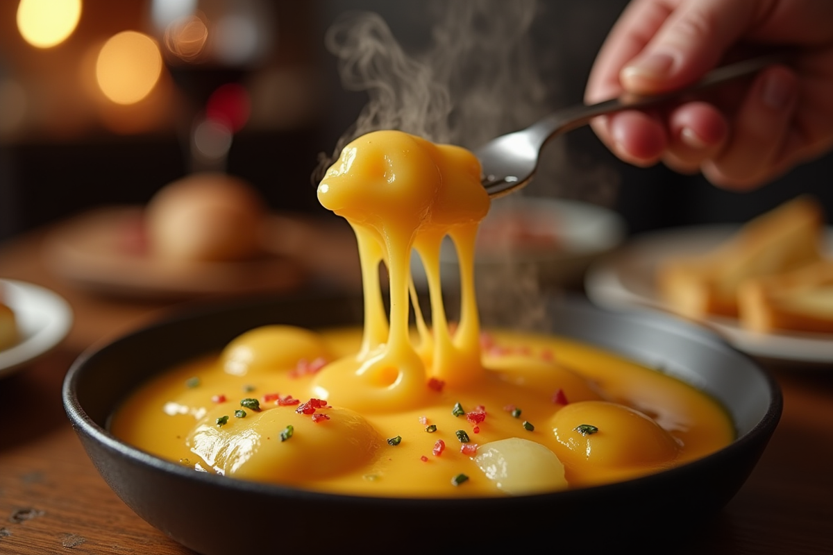Fourchette soulevant fromage raclette fondu sur pommes de terre