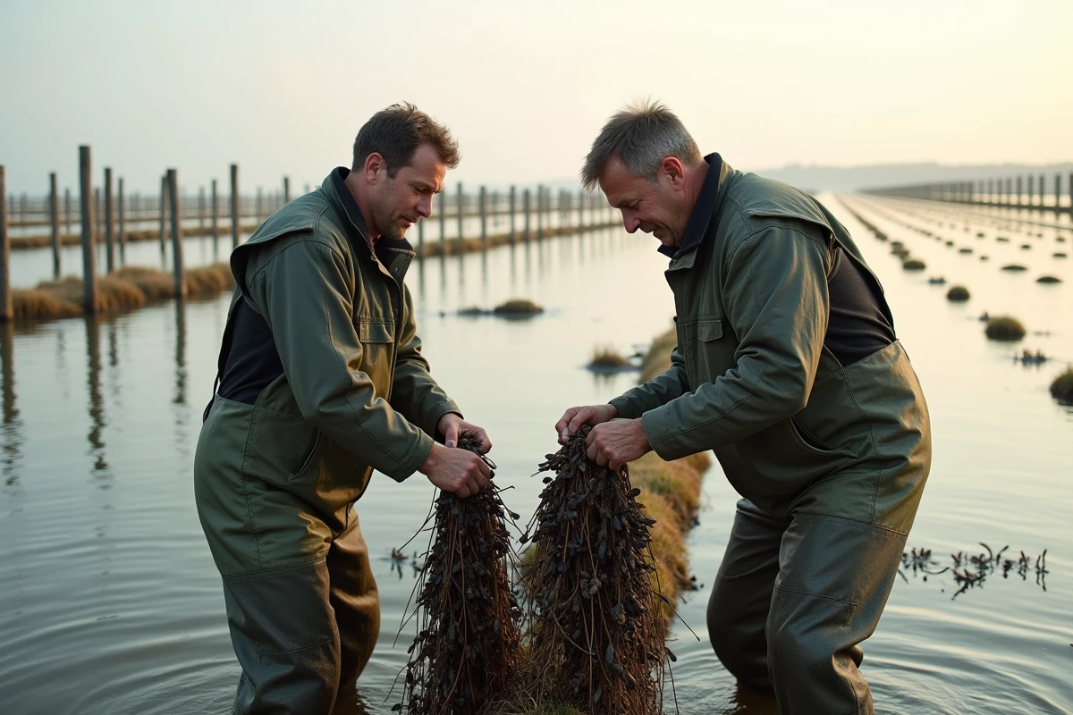 Mytiliculteurs récoltant des moules de bouchot sur des pieux en estuaire à marée basse en automne