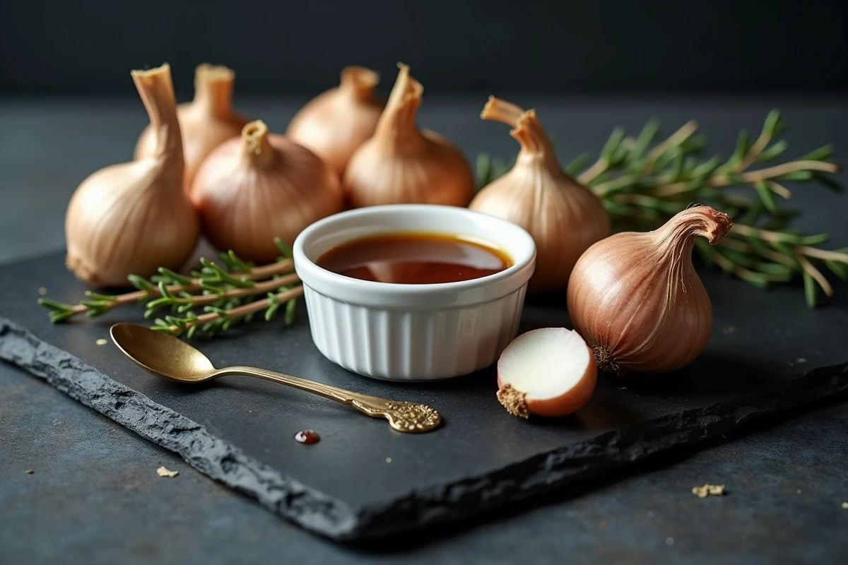 Nature morte avec ramekin de sauce à l'échalote, échalotes crues et thym sur ardoise sombre