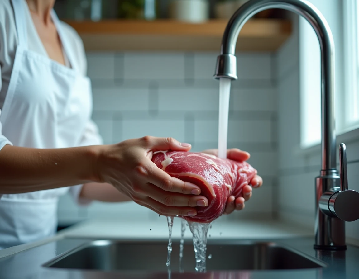 Nettoyage et rinçage de la langue de bœuf sous l'eau courante avant cuisson à la cocotte minute